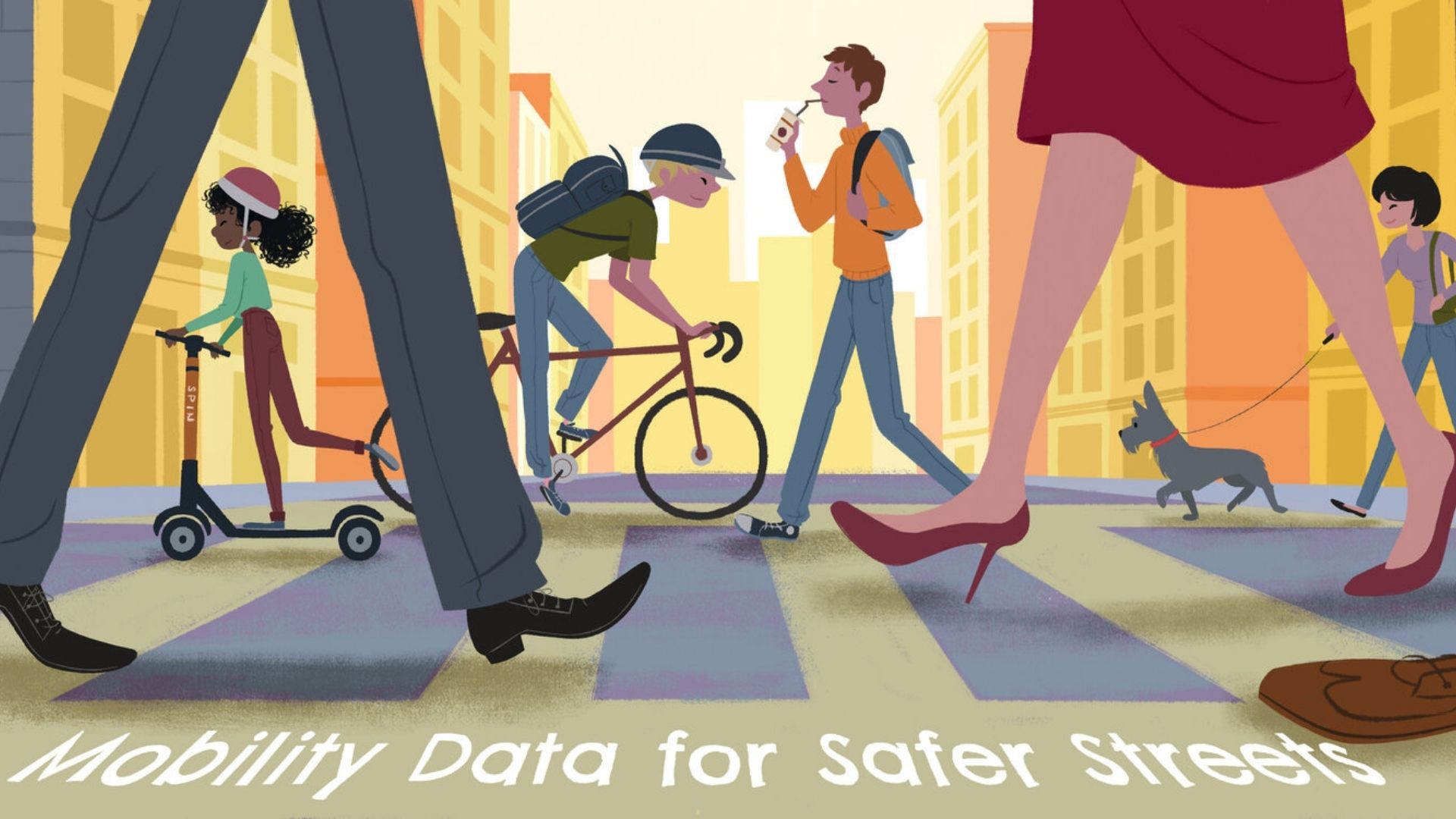 Illustration of people walking and riding bike on crosswalk 