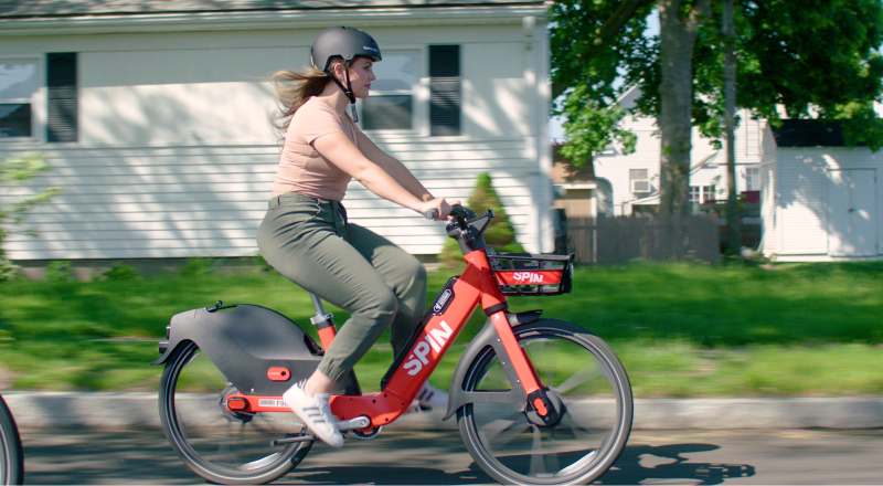 Woman riding on electric bike